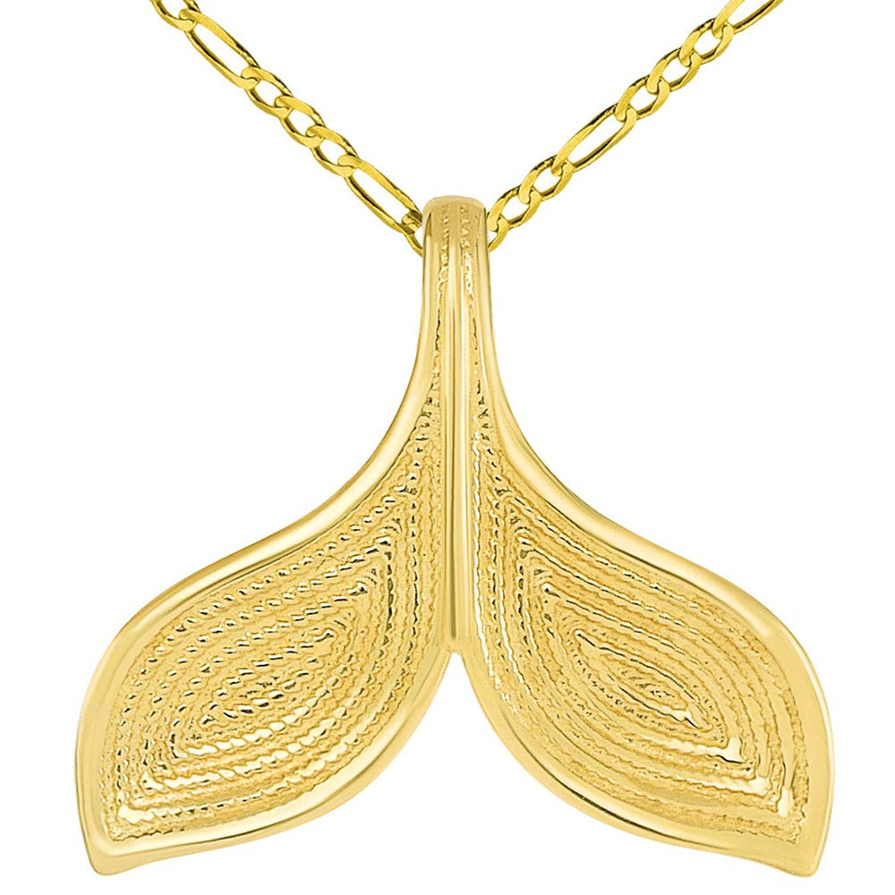 14k Yellow Gold Elegant Reversible Whale Tail Charm Pendant with Figaro Chain Necklace