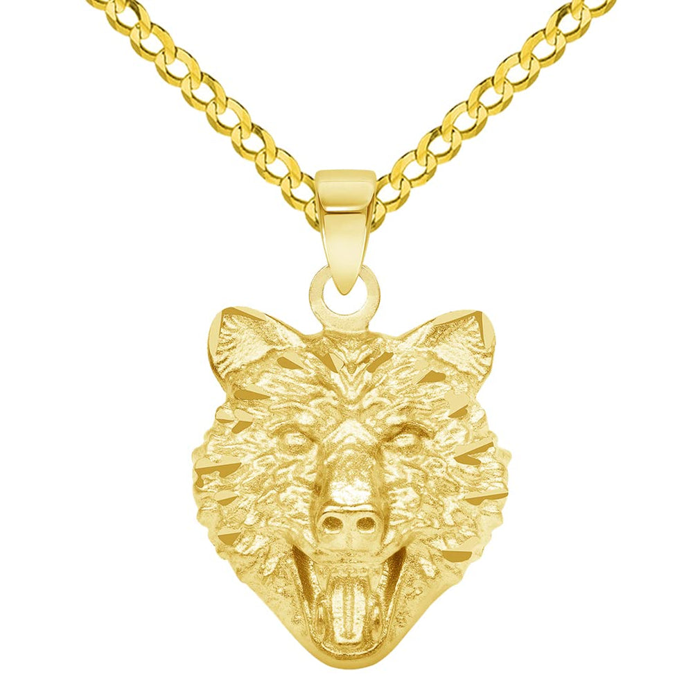 14k Yellow Gold Mini Wolf Head Charm Animal Pendant with Cuban Curb Chain Necklace