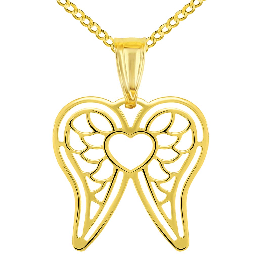 14k Yellow Gold Open Heart with Angel Wings Pendant with Curb Chain Necklace