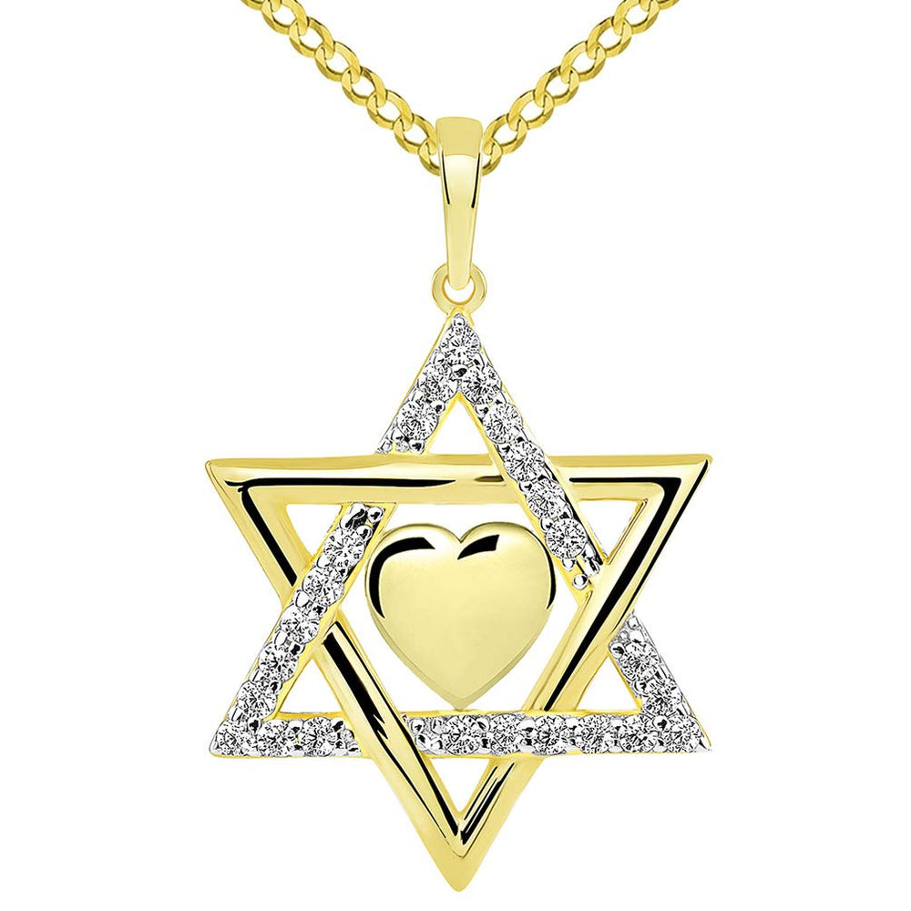 14k Yellow Gold Hebrew Love CZ Star of David with Heart Pendant Cuban Necklace