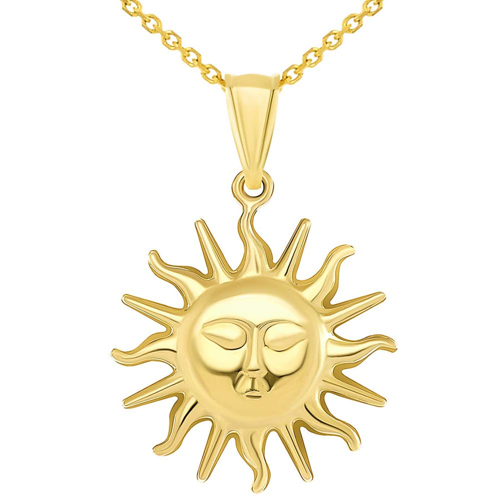 High Polish 14k Yellow Gold 2D Sixteen Rays Sun Face Pendant Necklace