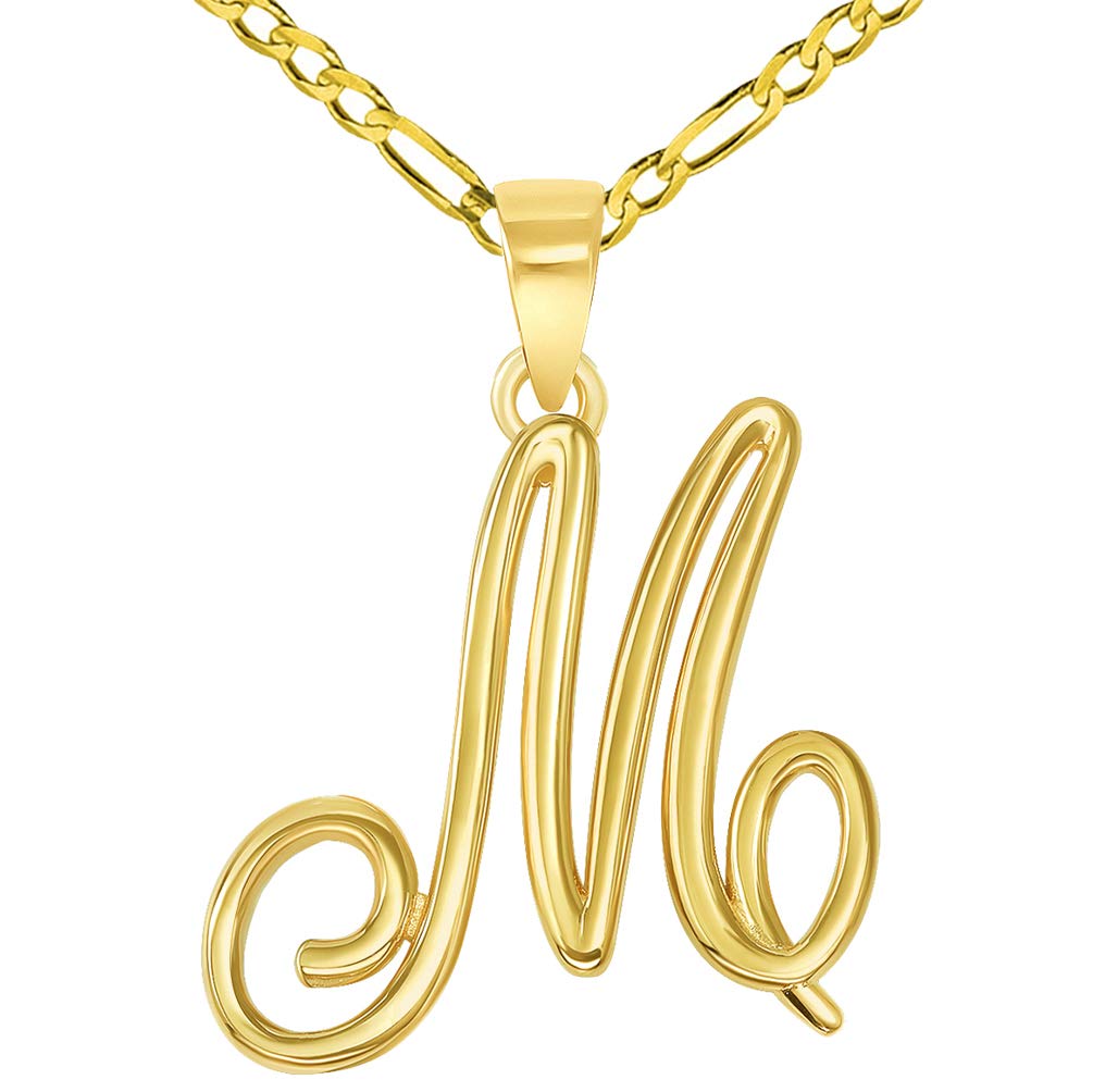 14k Yellow Gold Elegant Script Letter M Cursive Initial Pendant with Figaro Chain Necklace