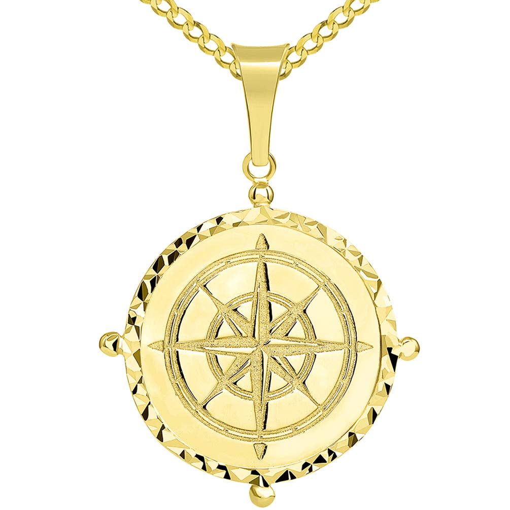 Solid 14k Yellow Gold Well Detailed Classic Compass Pendant with Cuban Chain Necklace