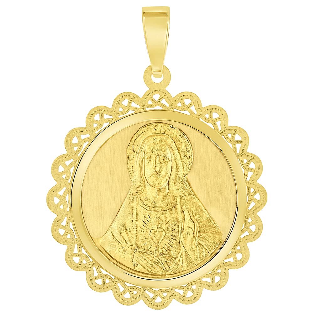 14k Yellow Gold Sacred Heart of Jesus Christ On Round Ornate Miraculous Medal Pendant (1")