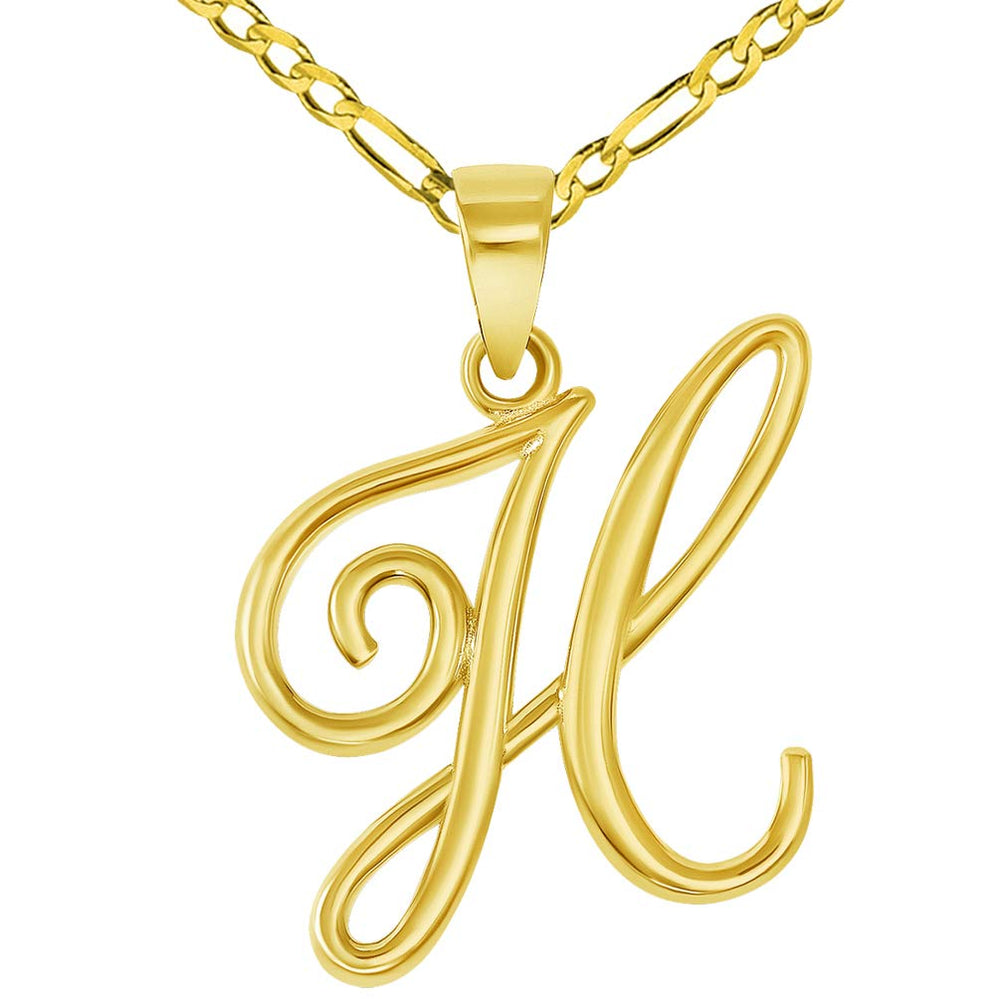 14k Yellow Gold Elegant Script Letter H Cursive Initial Pendant with Figaro Chain Necklace
