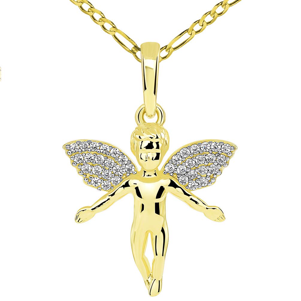 14k Yellow Gold Flying Guardian Angel with Micro Pave CZ Wings Pendant Figaro Chain Necklace