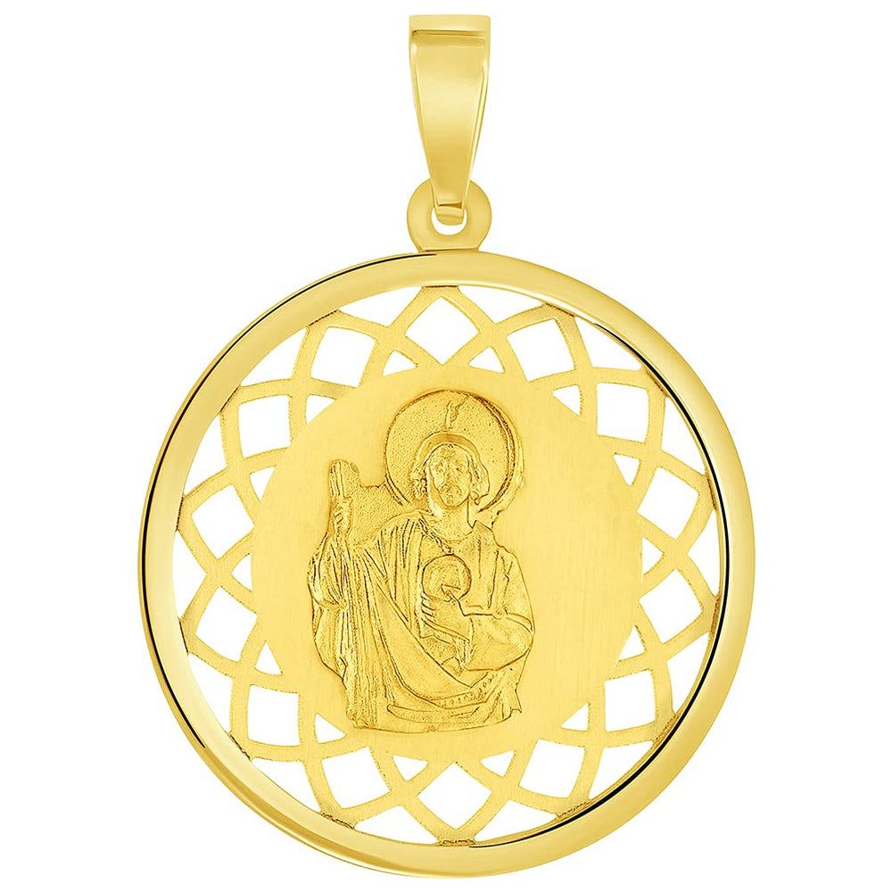14k Yellow Gold Round Open Ornate Medal of Saint Jude Thaddeus the Apostle Pendant