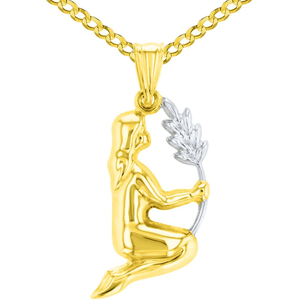High Polish Solid 14K Yellow Gold Virgo Maiden Holding Wheat Zodiac Sign Charm Pendant Cuban Chain Necklace