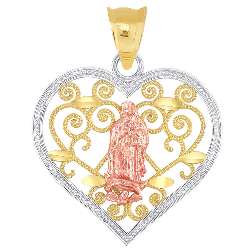 14k Yellow and Rose Gold Milgrain-Edged Filigree Our Lady of Guadalupe Heart Pendant