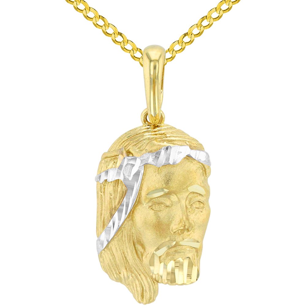 14K Yellow Gold Textured Face of Jesus Christ Pendant with Cuban Chain Necklace