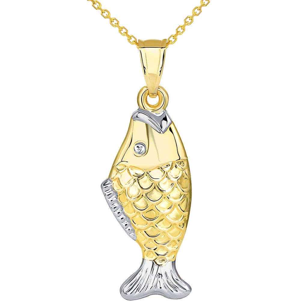 14k Yellow Gold Well Detailed Two Tone 3D Bass Vertical Fish Pendant Necklace