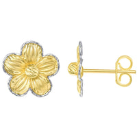 Load image into Gallery viewer, 14k Two-Tone Gold Textured Blooming Flower Stud Floral Earrings with Friction Back, 11mm
