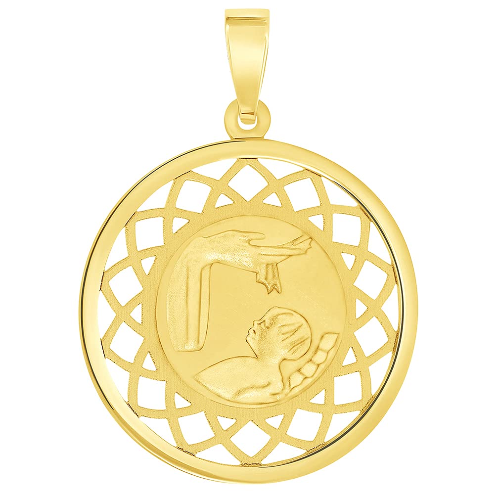 14k Yellow Gold Religious Baptism Christening On Round Open Ornate Medal Pendant