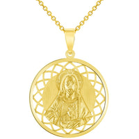 Load image into Gallery viewer, 14k Yellow Gold Sacred Heart of Jesus Christ On Round Open Ornate Miraculous Medal Pendant Necklace
