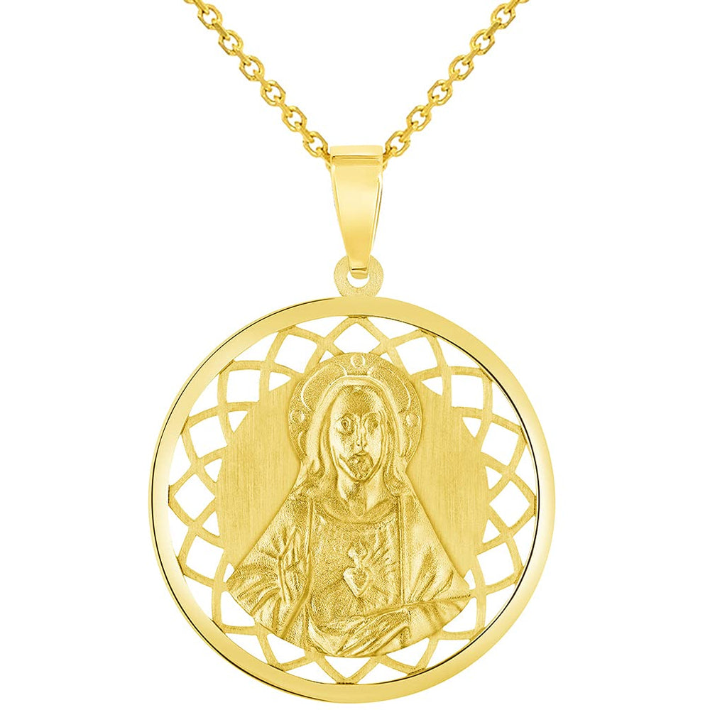 14k Yellow Gold Sacred Heart of Jesus Christ On Round Open Ornate Miraculous Medal Pendant Necklace