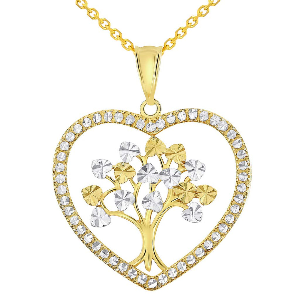 14k Yellow Gold Textured Two Tone Tree of Life Inside Heart Pendant Necklace