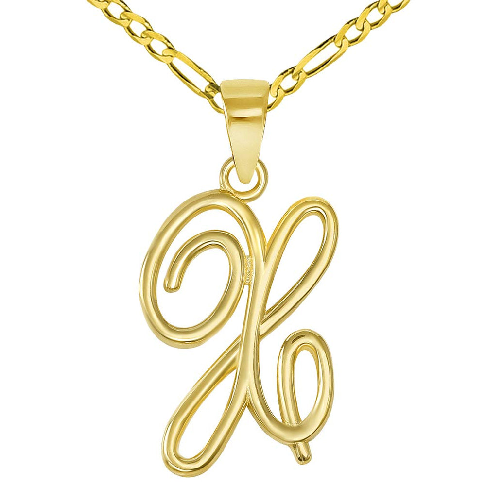 14k Yellow Gold Elegant Script Letter X Cursive Initial Pendant with Figaro Chain Necklace