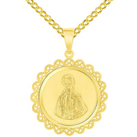 Load image into Gallery viewer, 14k Yellow Gold Round Ornate Miraculous Medal of Virgin Mary Pendant with Cuban Chain Curb Necklace
