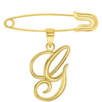 Load image into Gallery viewer, 14k Yellow Gold Elegant Script Letter G Cursive Initial Charm with Safety Pin Brooch
