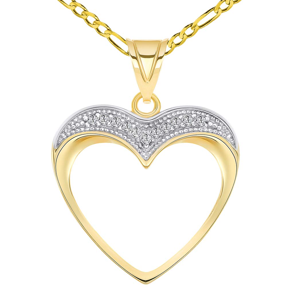 14k Yellow Gold Cubic Zirconia Fancy and Elegant Open Heart Pendant with Figaro Chain Necklace