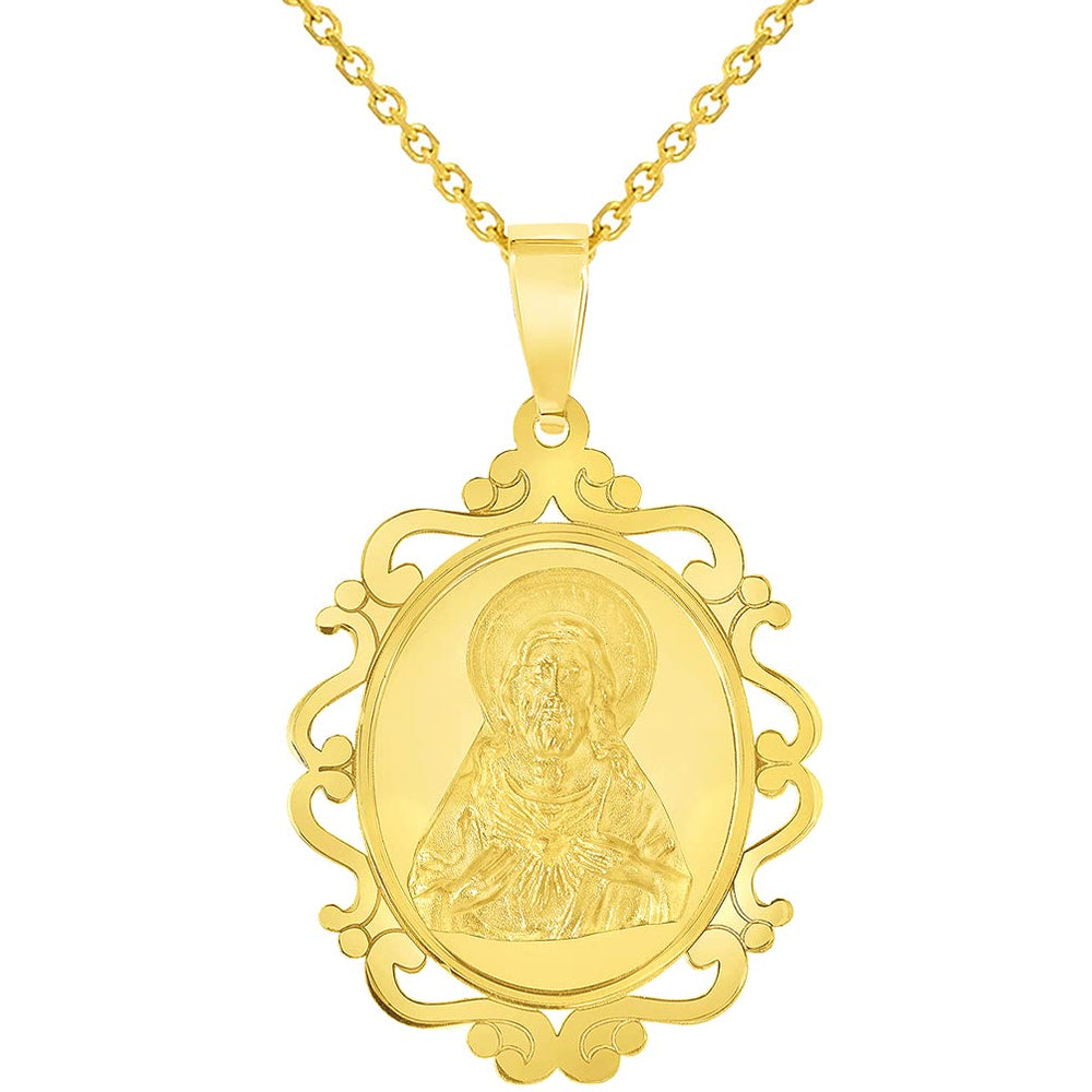 14k Yellow Gold Sacred Heart of Jesus Christ On Elegant Ornate Miraculous Medal Pendant Necklace