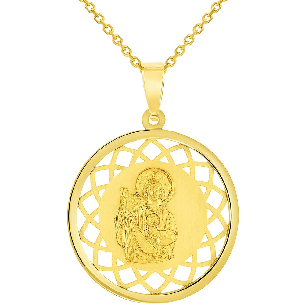 14k Yellow Gold Round Open Ornate Medal of Saint Jude Thaddeus the Apostle Pendant Necklace