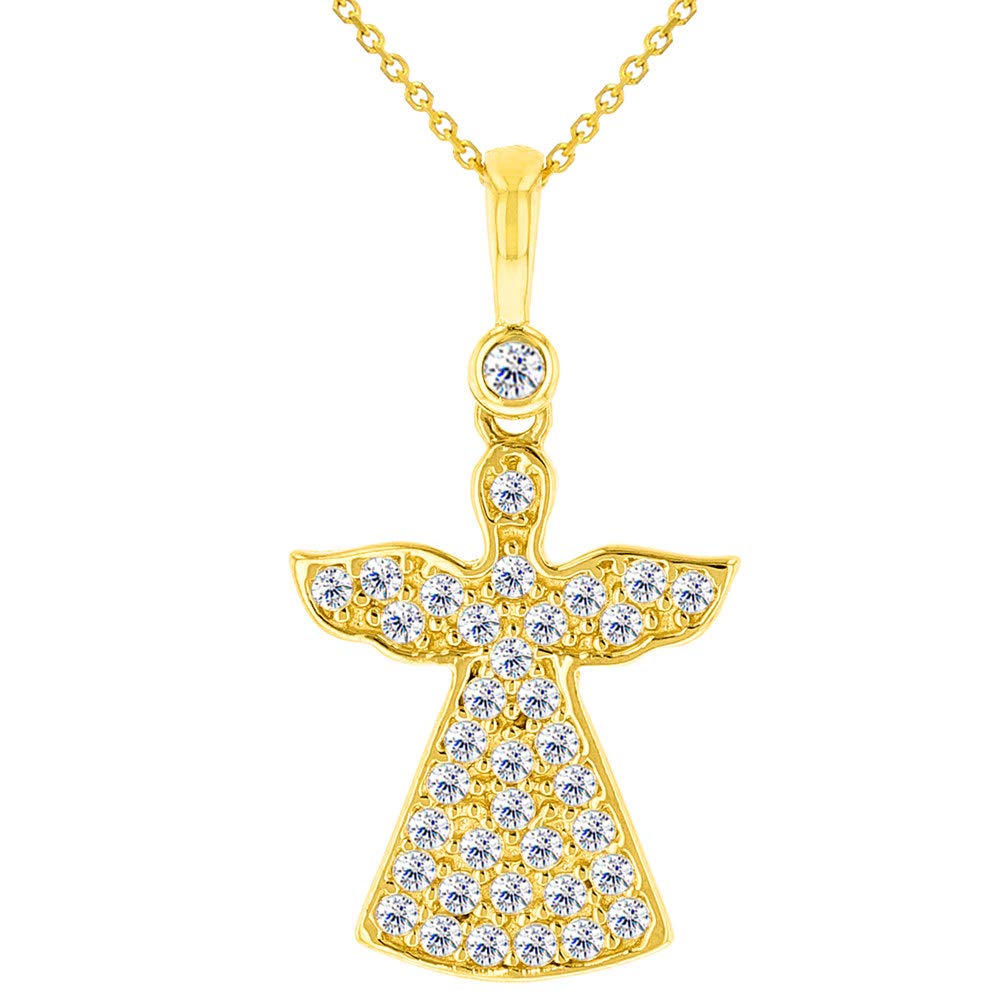 14k Yellow Gold Guardian Angel Silhouette Pendant Necklace with Cubic Zirconia