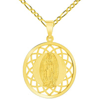 Load image into Gallery viewer, 14k Yellow Gold Round Open Ornate Miraculous Medal of Our Lady of Guadalupe Pendant with Figaro Chain Necklace
