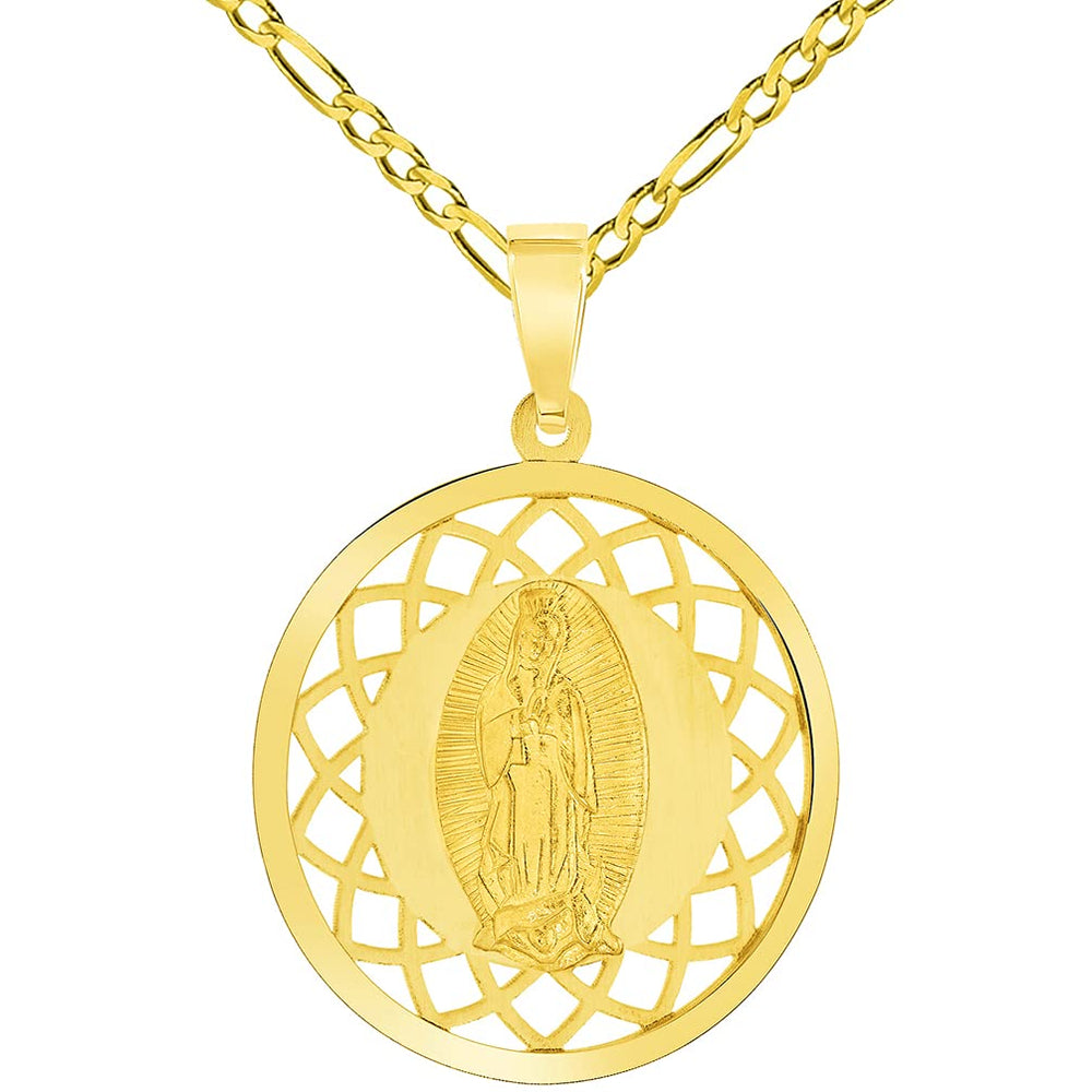 14k Yellow Gold Round Open Ornate Miraculous Medal of Our Lady of Guadalupe Pendant with Figaro Chain Necklace