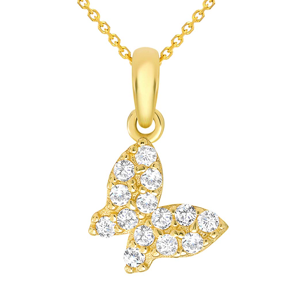 Solid 14K Yellow Gold Cubic Zirconia Mini Butterfly Charm Pendant with Chain Necklace
