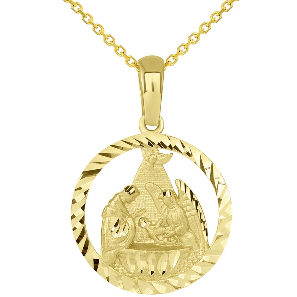 14k Yellow Gold Textured Open Round Holy Spirit Baptism Christening Pendant with Rolo Necklace
