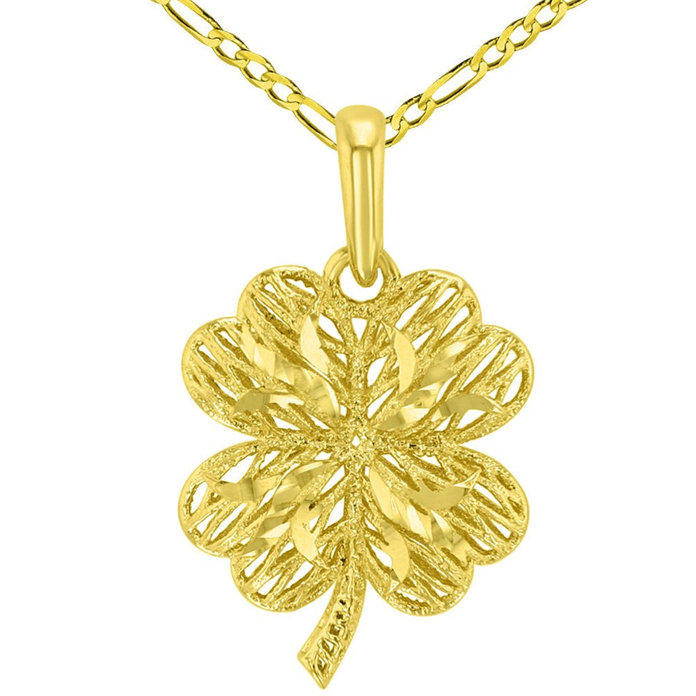 Textured 14k Yellow Gold Puffed 3-D Four Leaf Clover Pendant with Figaro Chain Necklace
