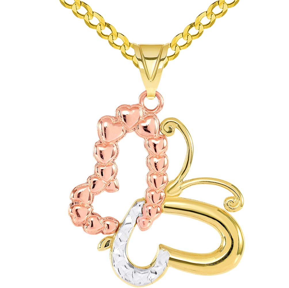 14k Yellow Gold and Rose Gold Dangling Sideways Tri-Tone Open Heart Butterfly Pendant Curb Chain Necklace