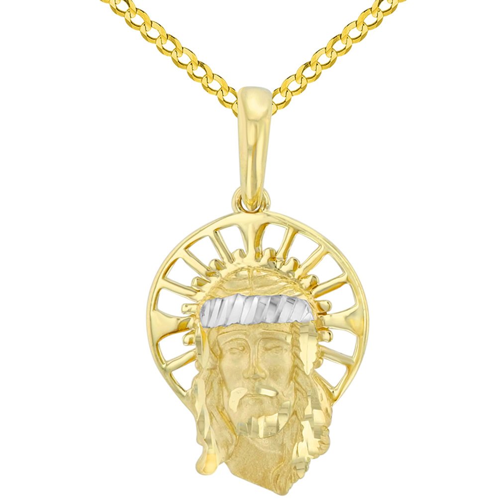 Textured 14K Yellow Gold Dainty Halo Jesus Christ Face Pendant with Cuban Chain Necklace