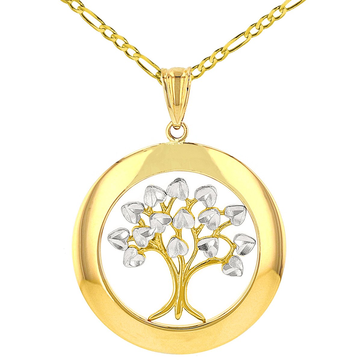 Jewelry America High Polished 14K Yellow Gold Round Tree of Life Pendant  Figaro Necklace