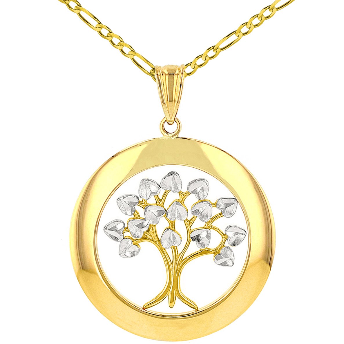 14K Yellow Gold Round Tree of Life Figaro Necklace