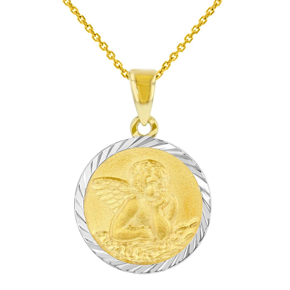 Solid 14k Yellow Gold Round Baptism Charm Guardian Angel Medallion Pendant Necklace