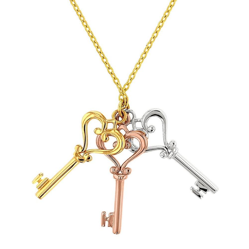 14K Tri-Color Gold Three Heart Keys Necklace