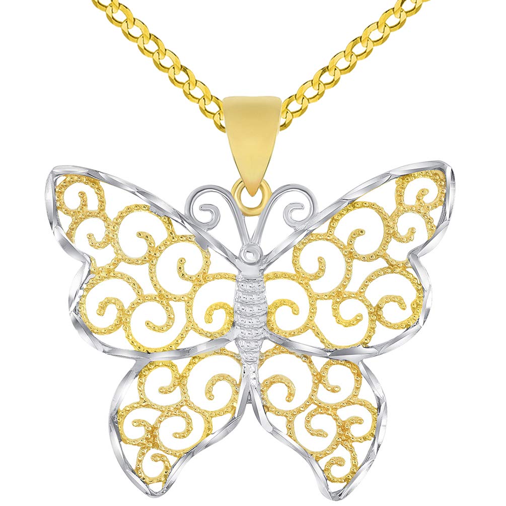 14k Gold Open Filigree Two-Tone Infinity Butterfly Pendant Curb Chain Necklace - Yellow Gold