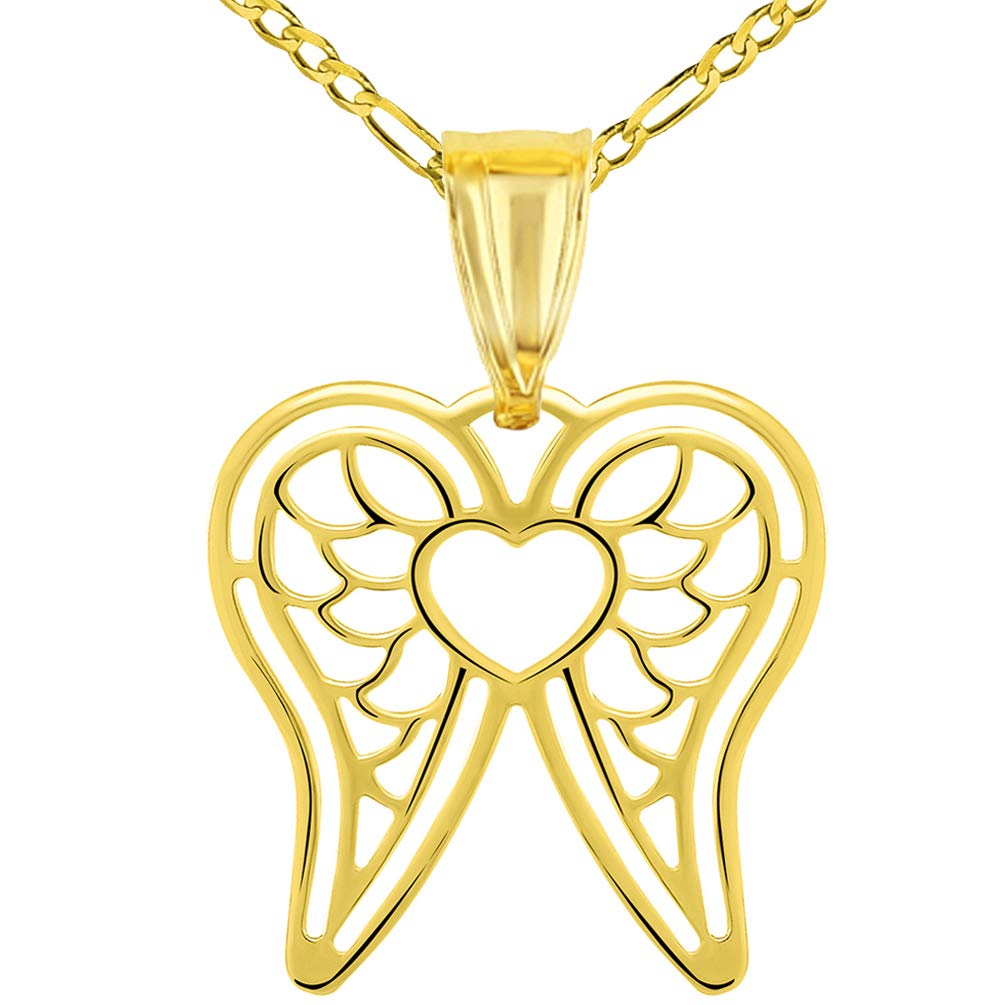14k Yellow Gold Open Heart with Angel Wings Pendant with Figaro Chain Necklace