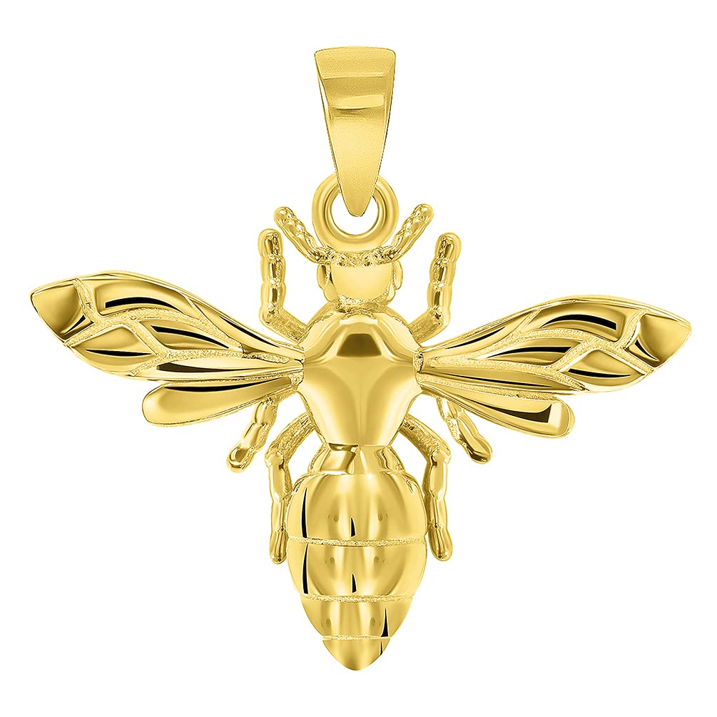 14k Yellow Gold Well Detailed 3D Honey Bee Charm Bumblebee Insect Pendant