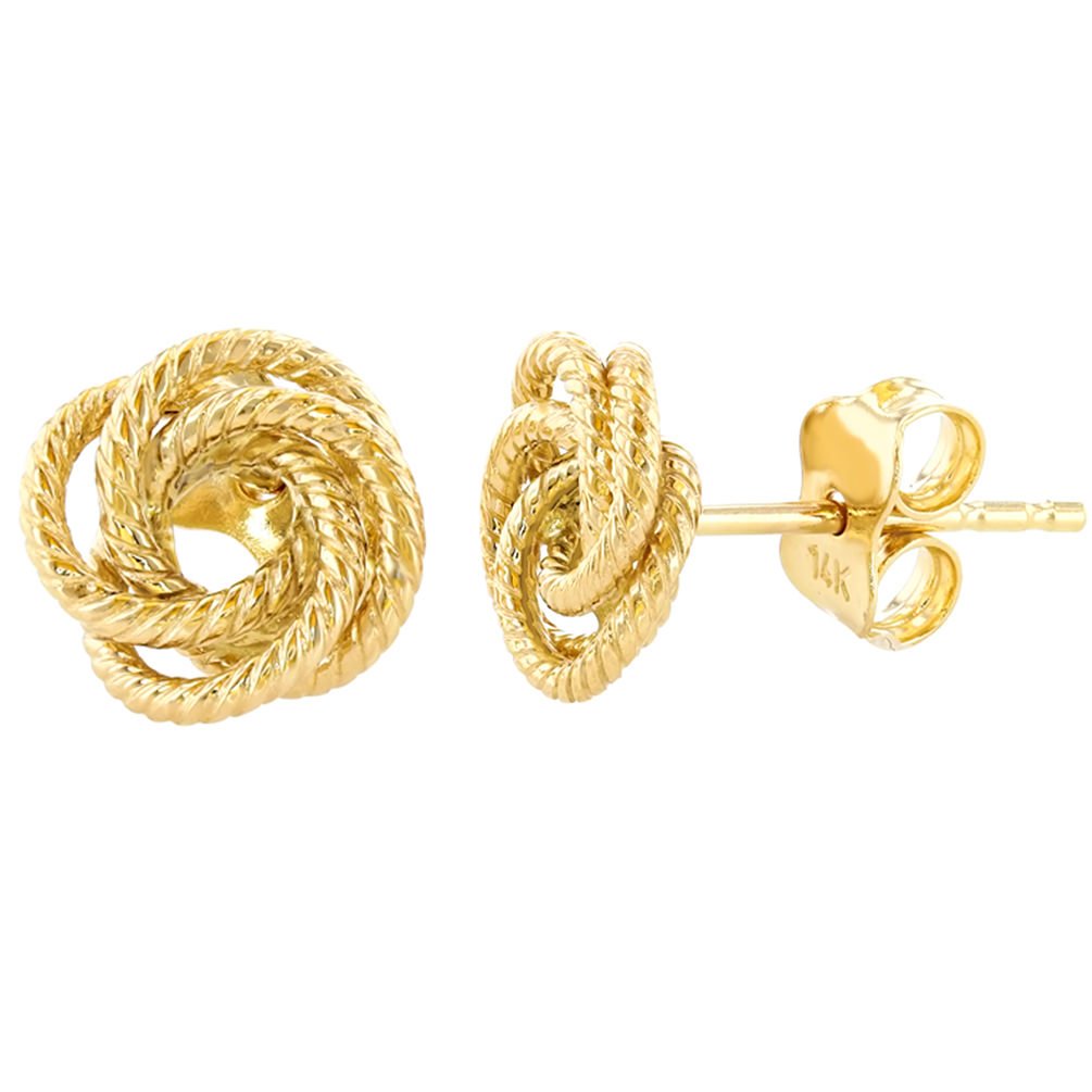 14K Yellow Gold Twisted Love Knot Stud Rope Earrings, 9mm