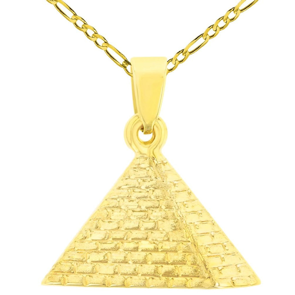 14K Gold Satin Polished Egyptian 2D Pyramid Pendant with Figaro Chain Necklace - Yellow Gold