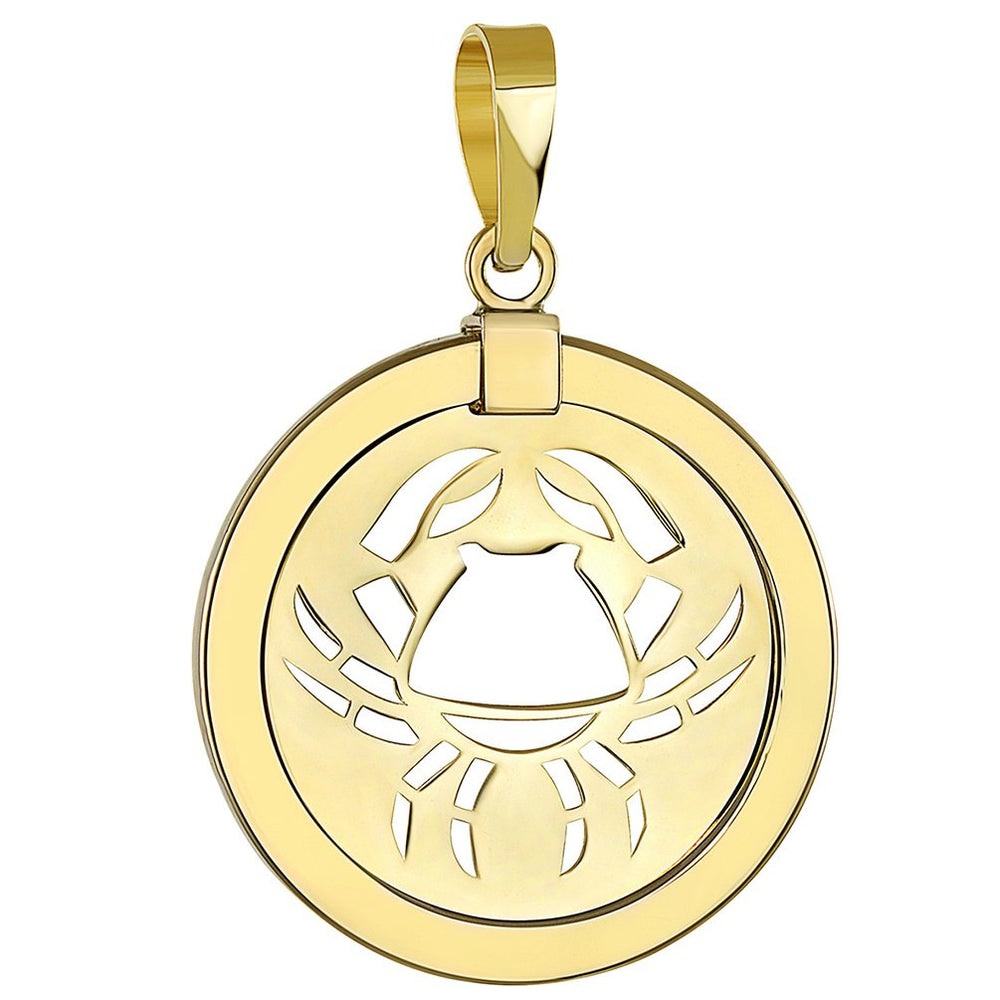 14K Yellow Gold Reversible Round Cancer Crab Zodiac Sign Pendant