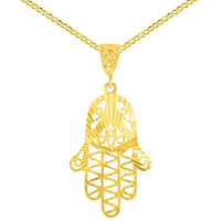 Load image into Gallery viewer, Solid 14K Yellow Gold Filigree Hamsa Charm Textured Hand of God Pendant Figaro Chain Necklace
