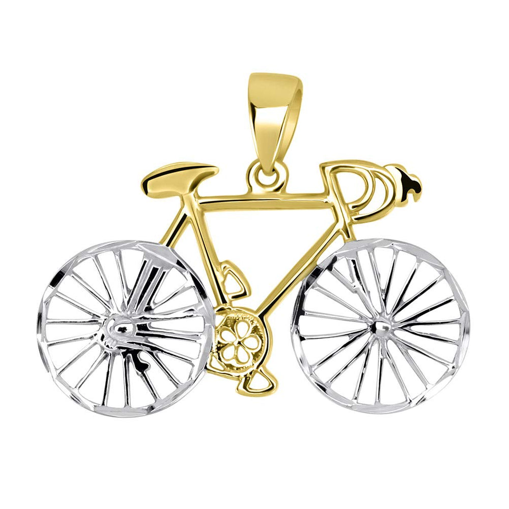 Solid 14k Yellow Gold Two-Tone Bicycle Bike with Textured Wheels Pendant