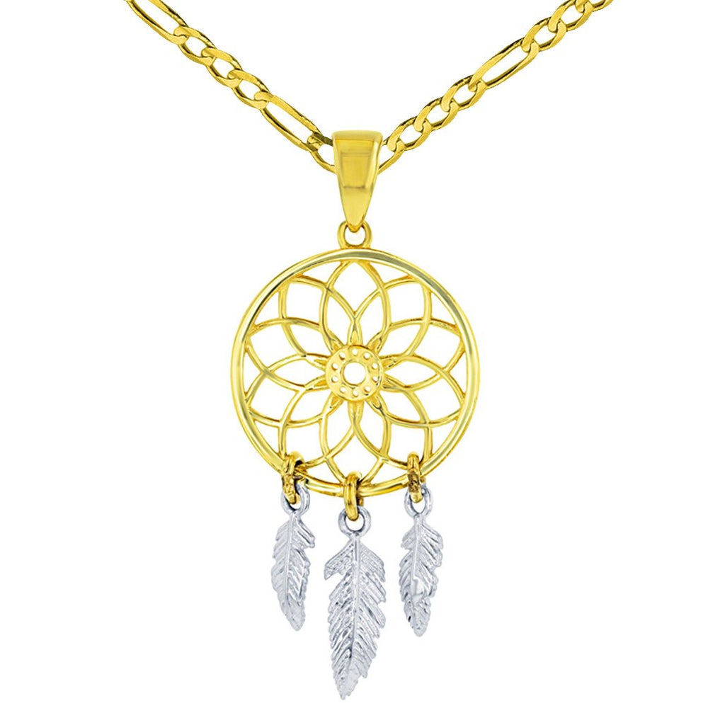 Solid 14K Gold Native American Dreamcatcher Charm Pendant Necklace - Two-Tone Gold