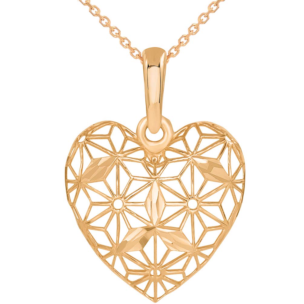14k Rose Gold Textured 3D Filigree Heart Charm Pendant Necklace