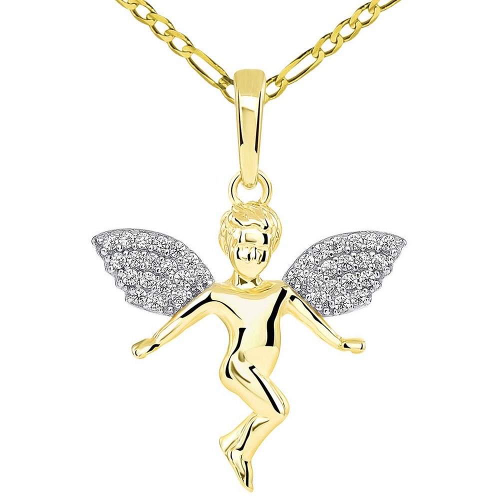 14k Yellow Gold Floating Guardian Angel with Micro Pave CZ Wings Pendant Figaro Chain Necklace