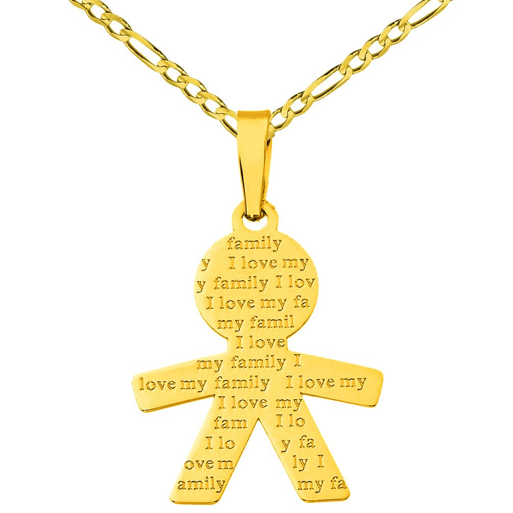 14K Yellow Gold Little Boy Charm with I Love My Family Engraved Script Pendant Necklace